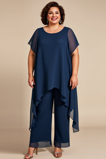 Marinblå Chiffong Rund hals Plus Storlek Brudens Mor Pantsuits